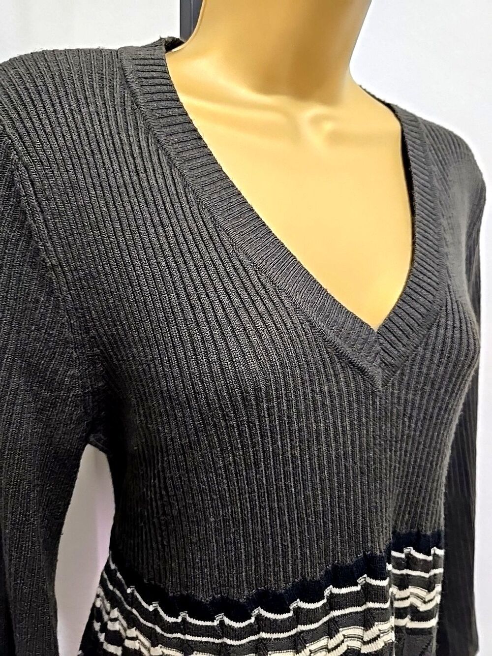 Empire Waist Stripe Olive Green Ribbed Knit Sweater Dress Sz XL Chevron Academia